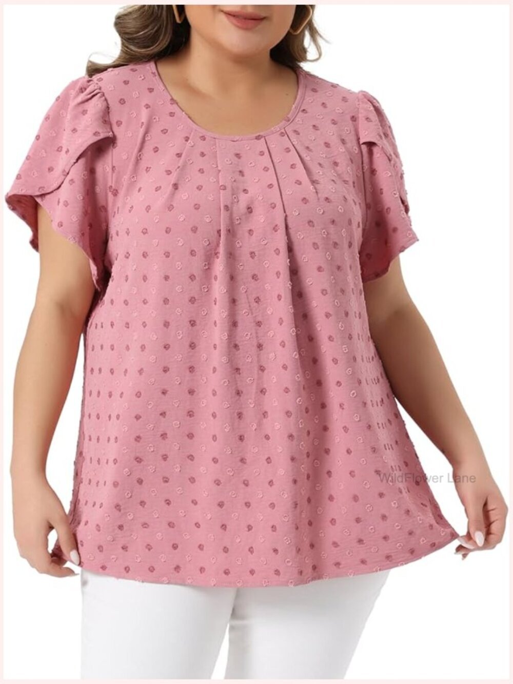 Plus Size Swiss Dot Tulip Short Sleeve Blouse - Front Pleated Top